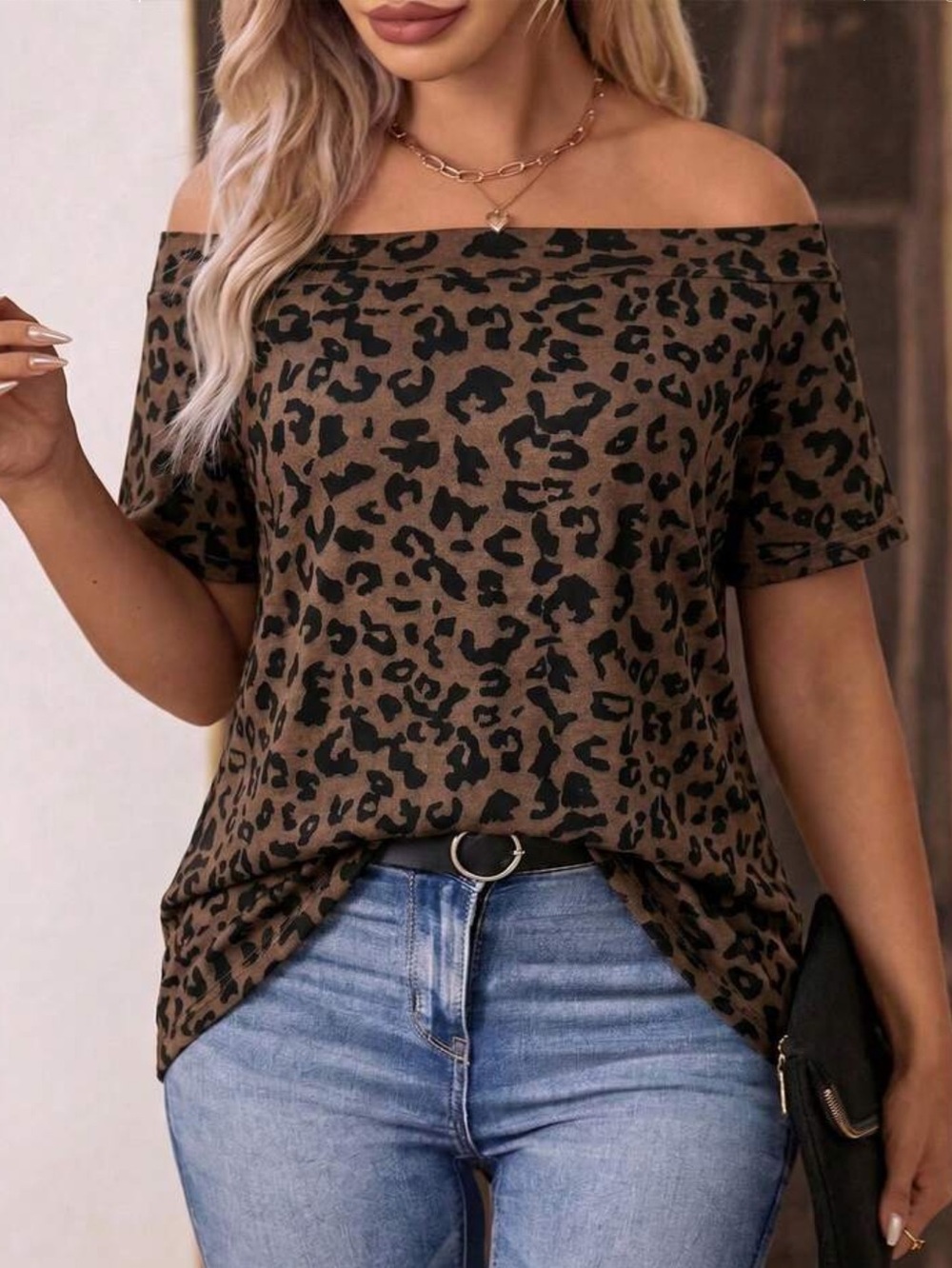 Off-Shoulder Leopard Print Women’s Top - Brown
